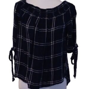 -- Dizzire Women's Dark Blue Plaid Off-Shoulder Top Size Small